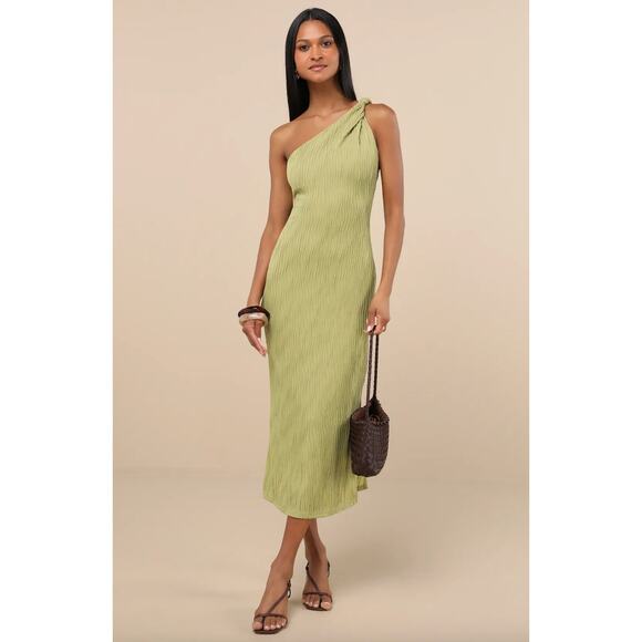 Lulus Aristea Light Green Textured One Shoulder Midi Dress Cocktail Small NWT - Picture 1 of 13
